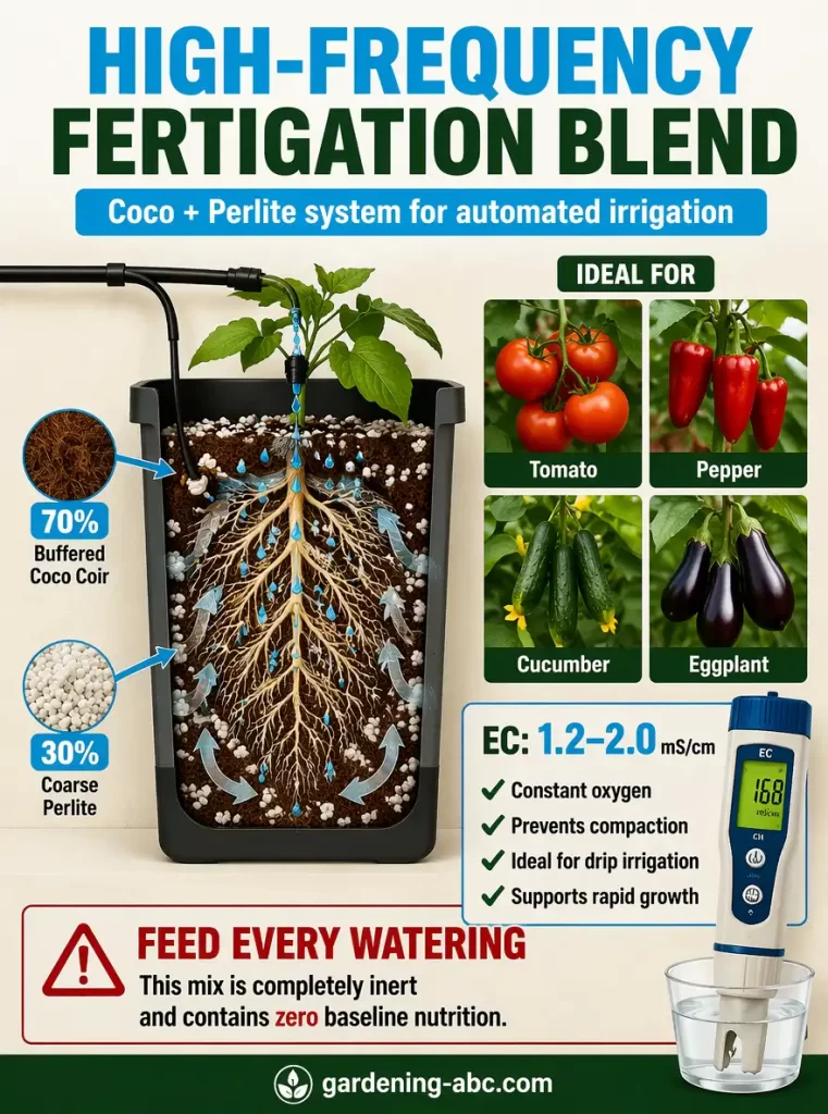 Educational infographic illustrating a 70% coco coir and 30% coarse perlite growing medium designed for automated drip irrigation systems. Features a cutaway container, irrigation lines, airflow diagrams, nutrient feeding reminders, and target fruiting plants.
