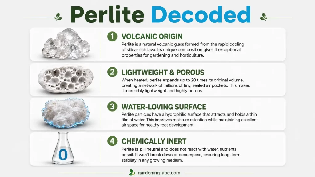 Educational infographic explaining perlite's volcanic origin, microscopic porous structure, water retention behavior, and chemically inert properties using realistic illustrations and simple descriptions.