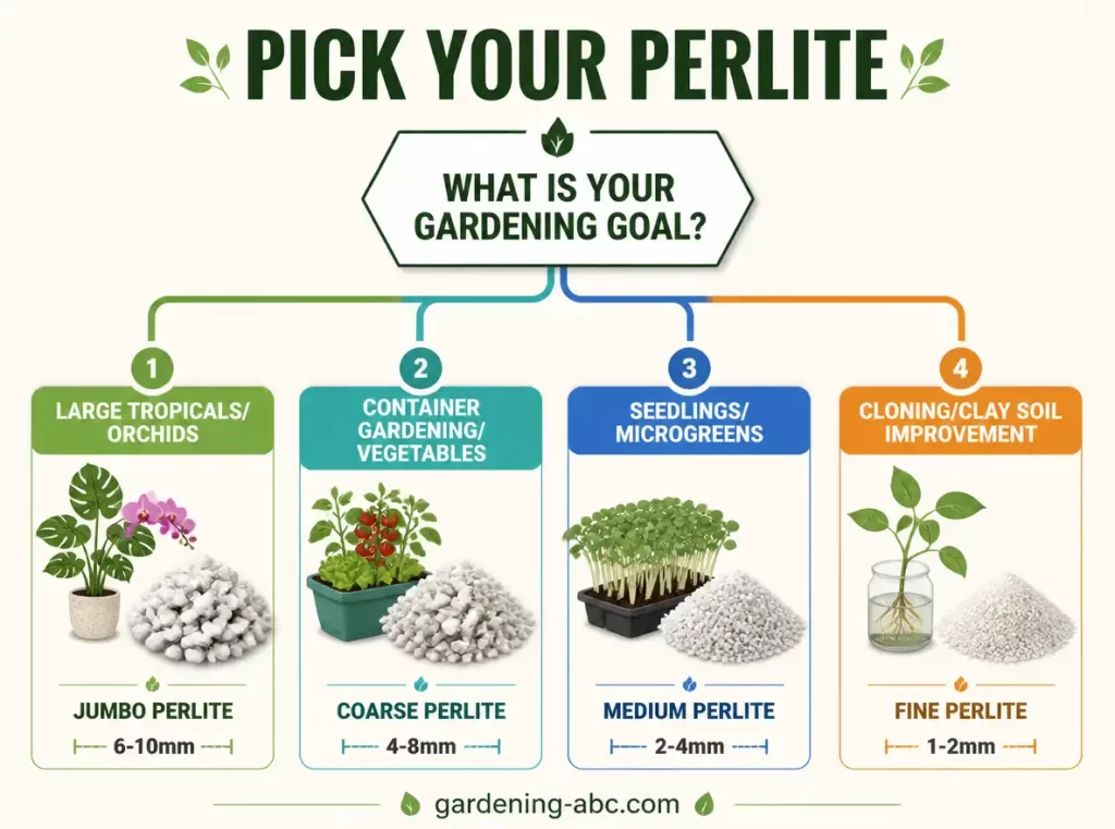 Educational gardening infographic showing a decision tree for selecting perlite particle sizes based on gardening goals. It compares jumbo, coarse, medium, and fine perlite for tropical plants, container vegetables, seedlings, cloning, and clay soil improvement.