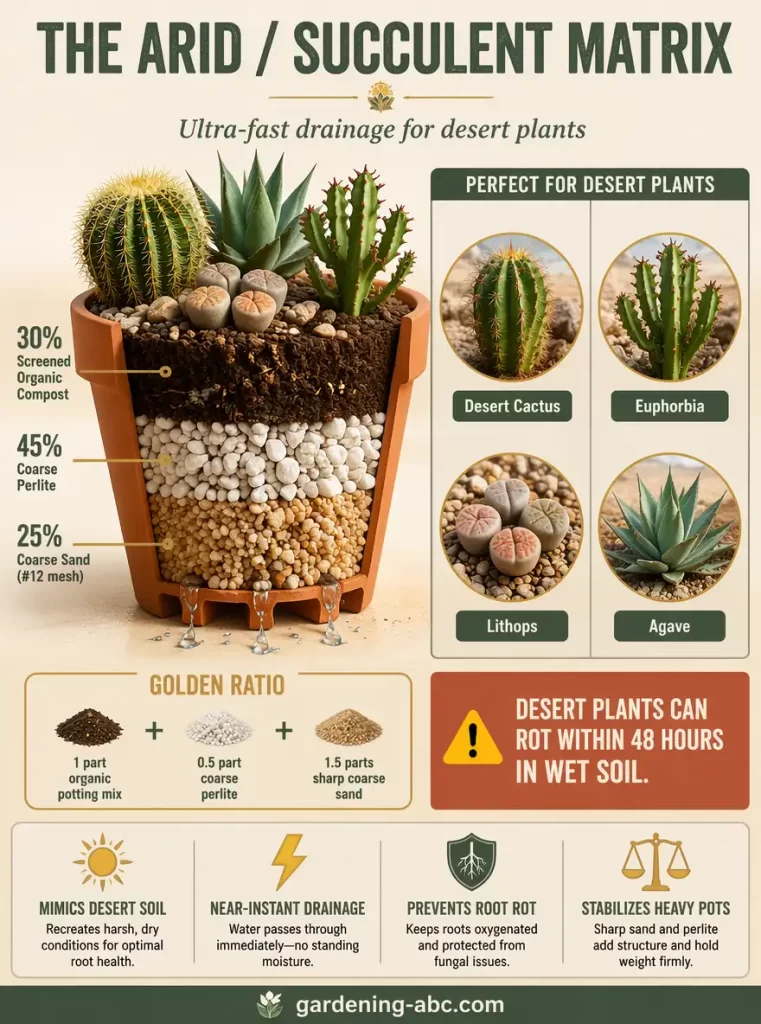 Educational gardening infographic showing a desert soil recipe containing coarse perlite, coarse sand, and organic compost. Features a terracotta pot cross-section, desert plants, rapid drainage visuals, and a simple golden ratio mixing formula.