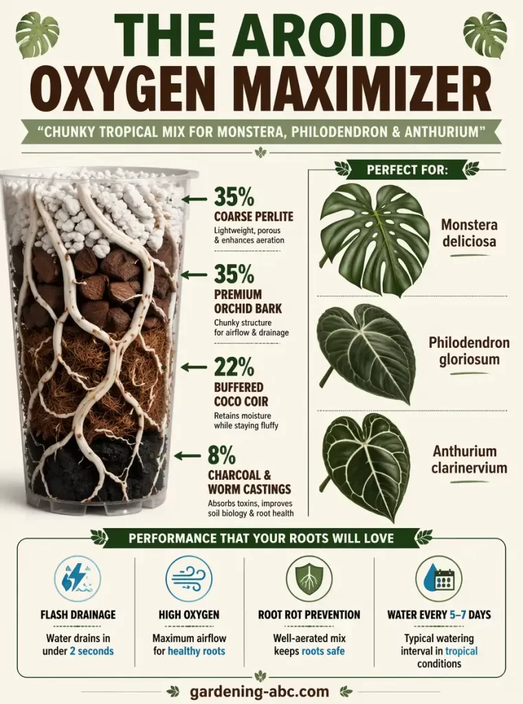 Educational gardening infographic showing a chunky tropical aroid soil recipe made with coarse perlite, orchid bark, coco coir, charcoal, and worm castings. Includes a cutaway pot with healthy roots, target plants, drainage performance metrics, and watering frequency recommendations.