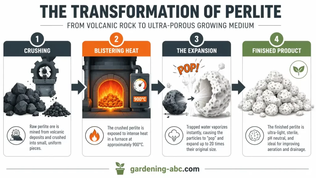 Step-by-step infographic illustrating how perlite is manufactured, including crushing volcanic rock, heating it to around 900°C, expansion into lightweight particles, and the finished horticultural product.