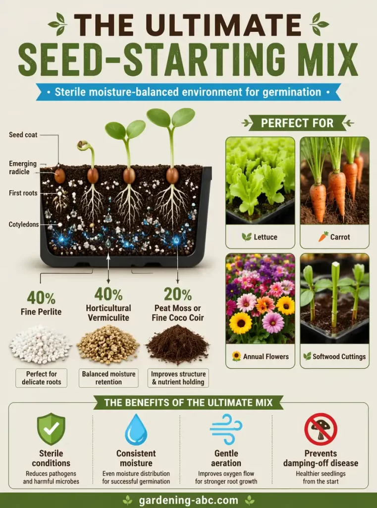 Educational infographic illustrating a seed-starting mix made with fine perlite, horticultural vermiculite, and peat moss or coco coir. Features a seed tray cross-section, germination stages, moisture zones, and disease prevention benefits.