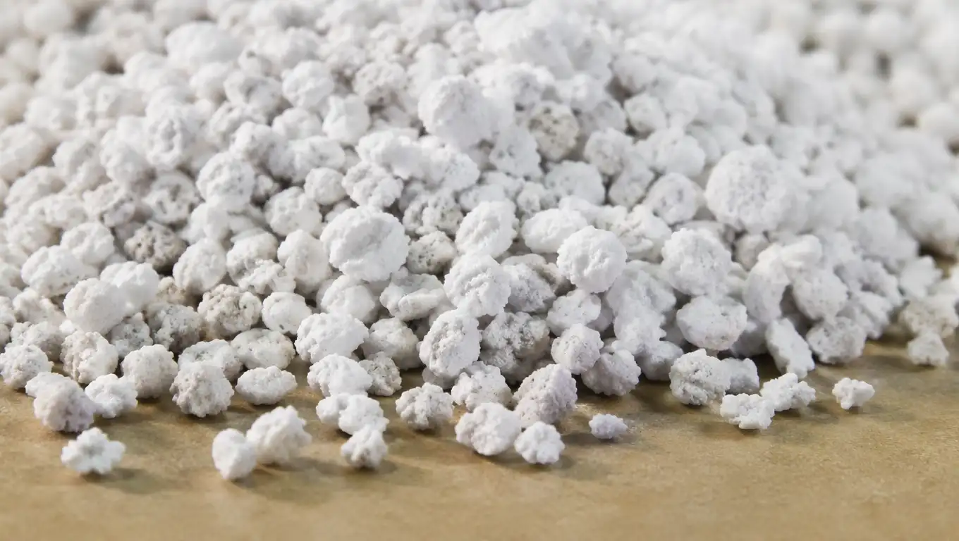 Close-up macro photograph of white horticultural perlite particles of various sizes scattered on a wooden surface, highlighting their lightweight, porous, and irregular texture used to improve soil drainage and aeration.