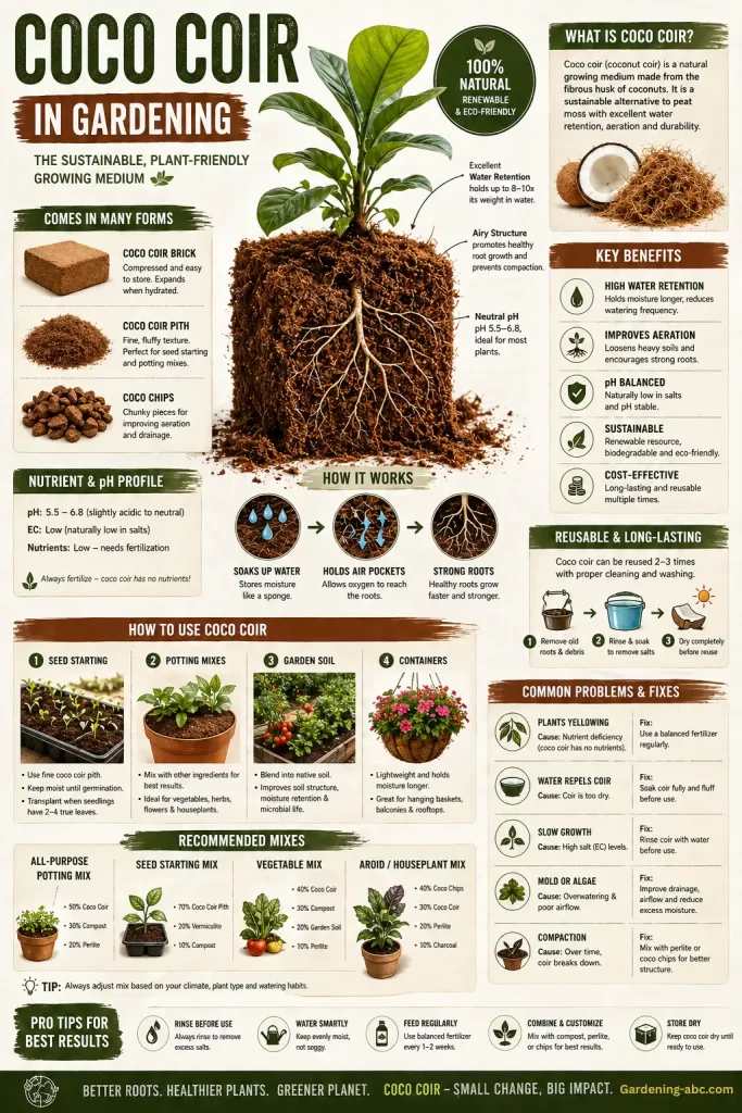 A detailed infographic about coco coir in gardening showing a central plant growing in coco coir soil with visible roots, surrounded by sections explaining benefits, pH levels, water retention, types of coco coir, usage methods, recommended soil mixes, and common gardening problems with solutions.