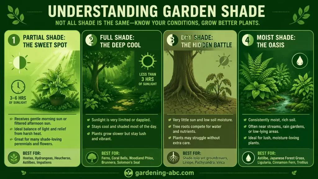 Infographic in shades of green showing 4 shade types: Partial Shade with half-sun icon, Full Shade with dappled light, Dry Shade with roots in cracked soil, and Moist Shade with lush plants and water droplets