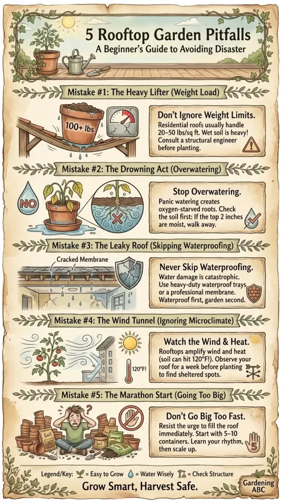 Vertical infographic titled "5 Rooftop Garden Pitfalls" featuring five illustrated sections: 1) A scale showing heavy wet soil exceeding roof limits, 2) A drowning plant in waterlogged soil, 3) A roof cross-section showing water leakage, 4) A plant bending in strong wind with heat waves, and 5) An overwhelmed gardener with too many pots. The style is vintage botanical illustration on a parchment background.
