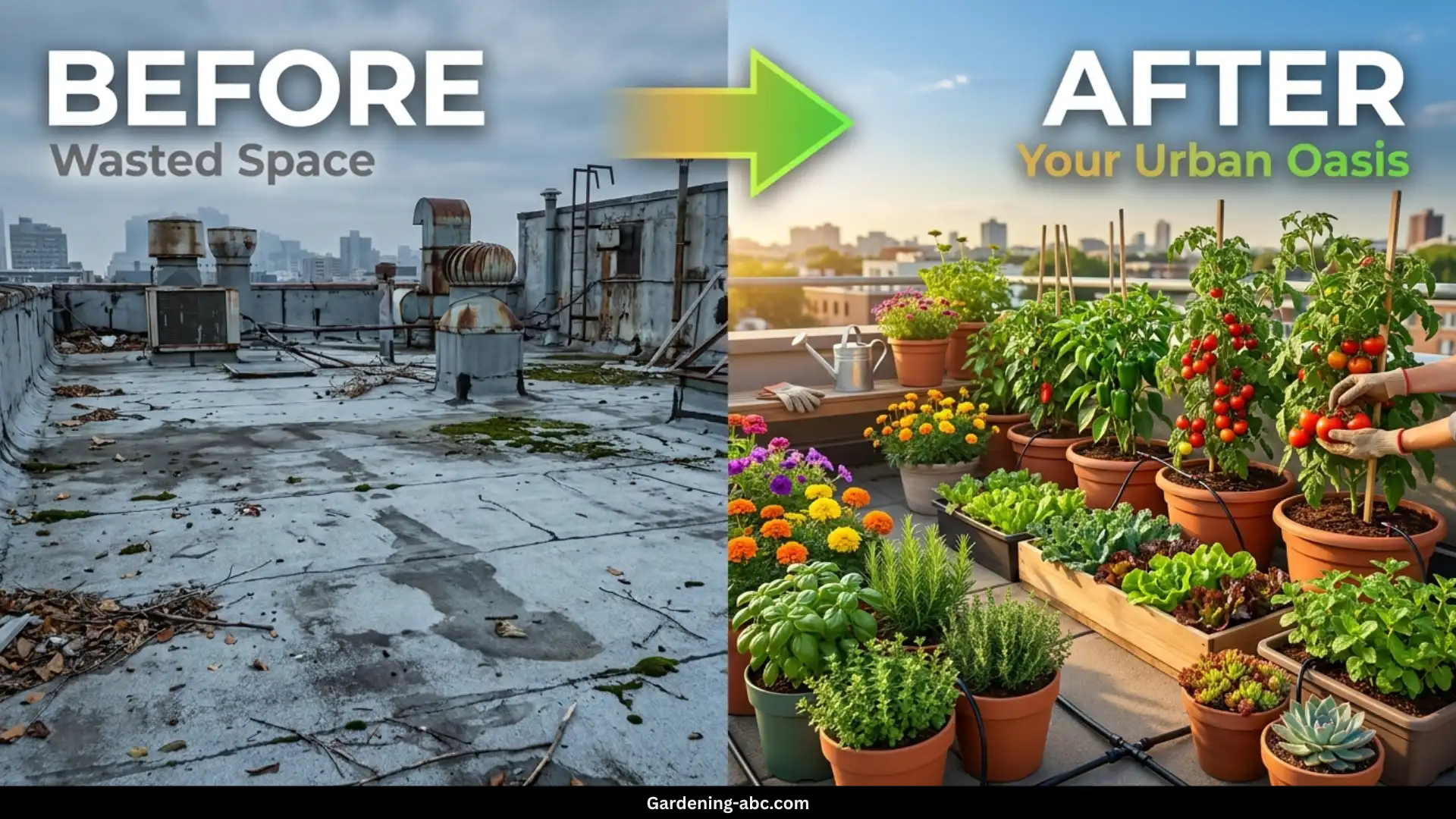 Split-screen image showing a bare concrete rooftop on the left transforming into a lush rooftop garden with green plants, containers, and flowers on the right