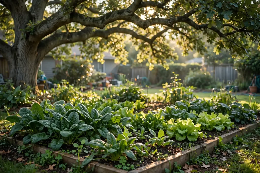 A lush vegetable garden bed under a large oak tree with dappled sunlight hitting green spinach and lettuce leaves.
