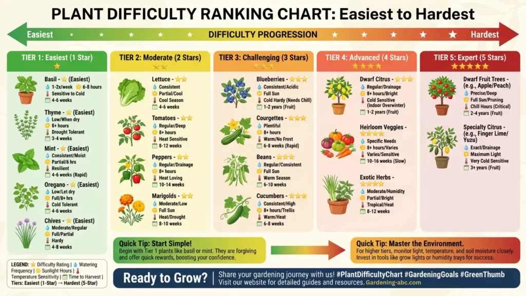 Horizontal bar chart ranking 20 rooftop plants by difficulty level, from easiest (herbs like basil and thyme) to most challenging (dwarf fruit trees), with care requirement icons