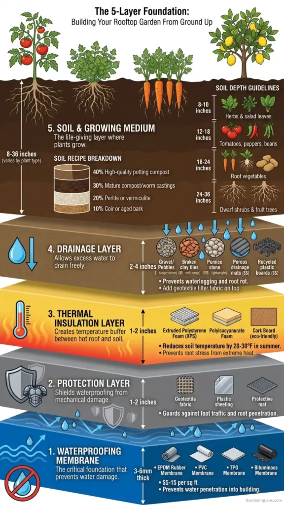 Cross-section diagram showing the five essential layers of a rooftop garden: waterproofing membrane, protection layer, thermal insulation, drainage layer, and soil with plants growing on top