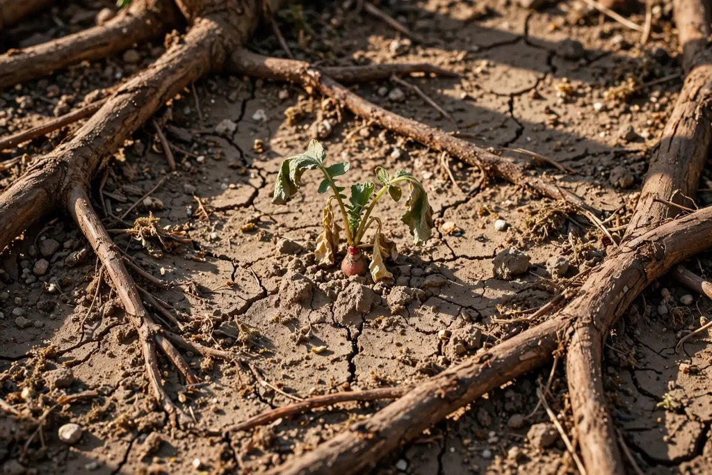 Close-up of dry, cracked soil at the base of a vegetable plant surrounded by thick tree roots.