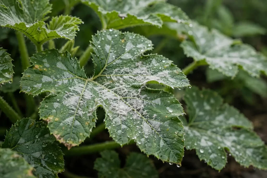 A close-up of a leaf covered in white powdery mildew fungus in a crowded, damp garden.