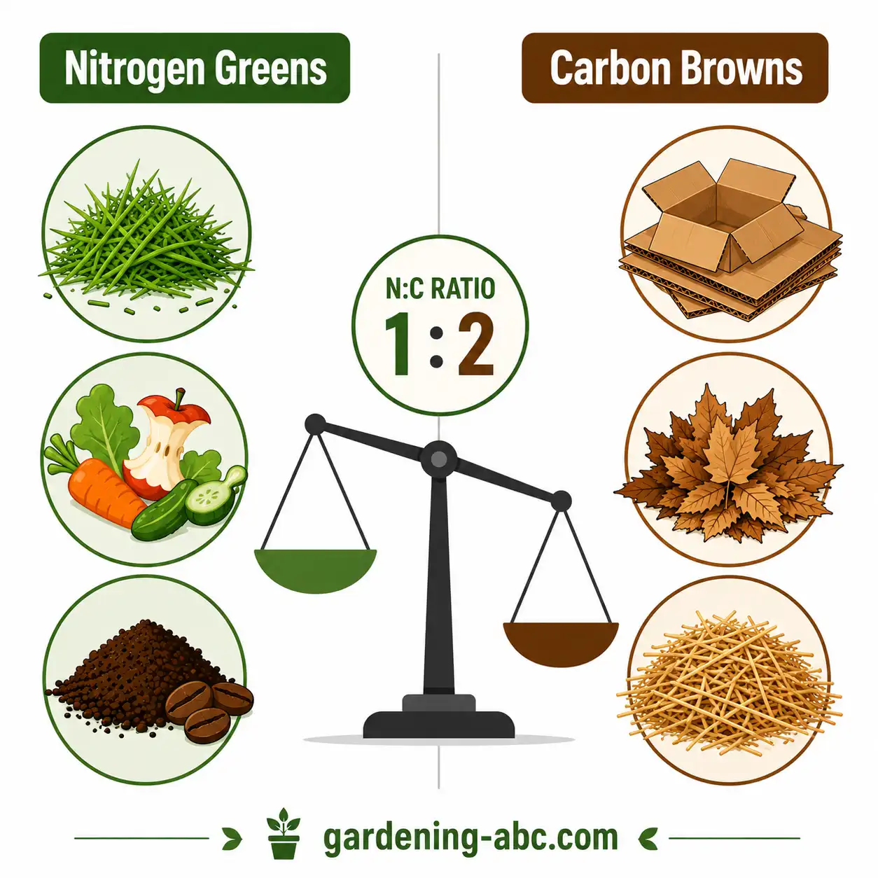 Infographic showing the 2:1 ratio of brown to green materials for sheet composting.