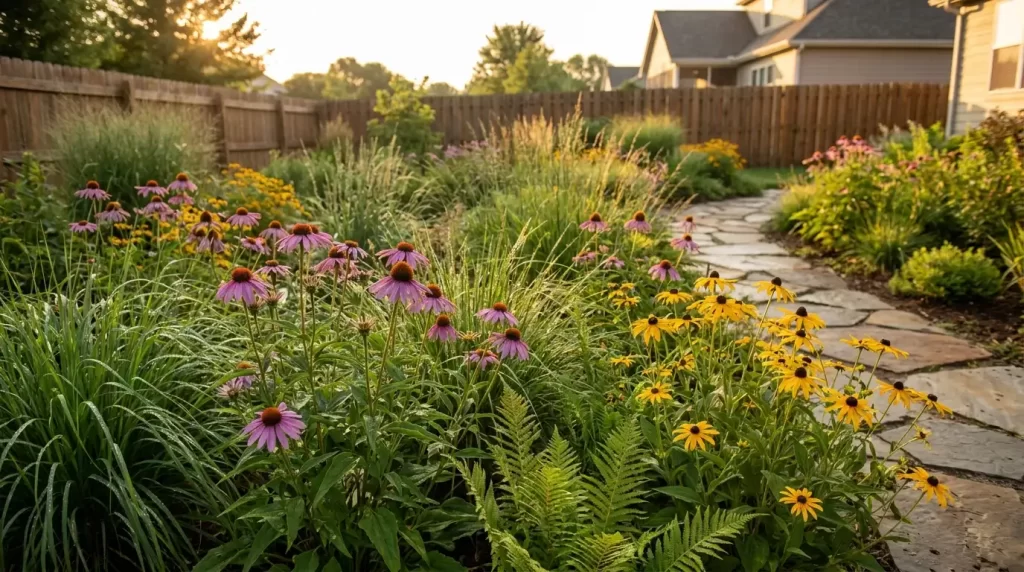 Wide angle photo of a beautiful rain garden at sunset with purple coneflowers and yellow black-eyed susans in full bloom, surrounded by green lawn, with water droplets on leaves.