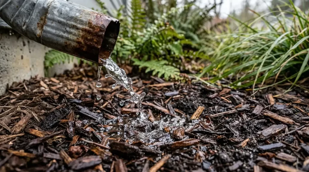 Macro shot of water pouring from a downspout into a rain garden, water soaking instantly into dark mulch and soil, droplets visible, dynamic action shot