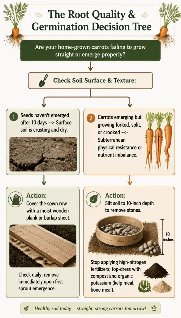 Decision tree flowchart for diagnosing carrot growing problems: failed emergence vs. forked/stunted growth, with causes and solutions for each path