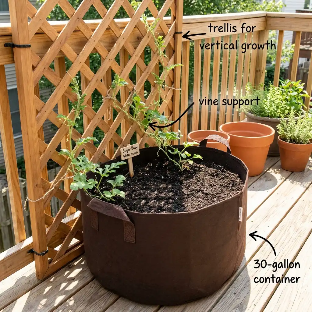 Sugar Baby watermelon plant growing in a 30-gallon container with a wooden trellis for vertical support on a sunny balcony.