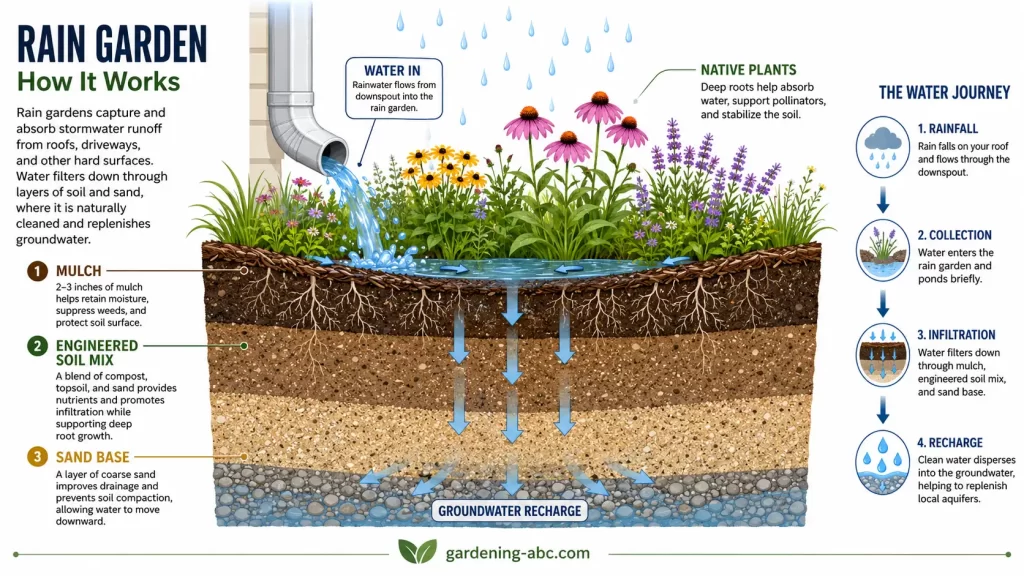 Diagram showing layers of a rain garden: mulch, amended soil (sand/compost/topsoil), and native plants, with arrows indicating water infiltration path and drainage time