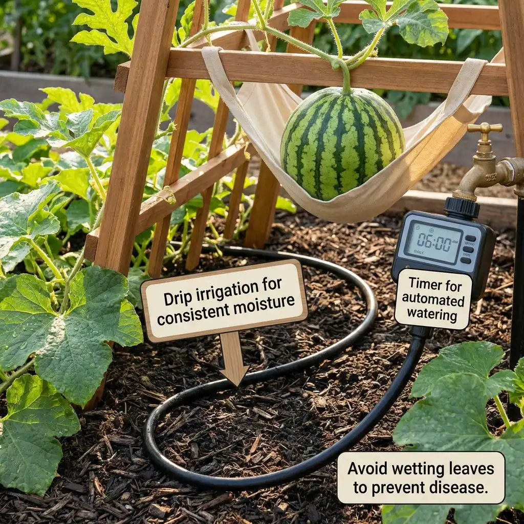 Soaker hose and timer setup watering a container-grown watermelon plant at soil level to prevent disease.