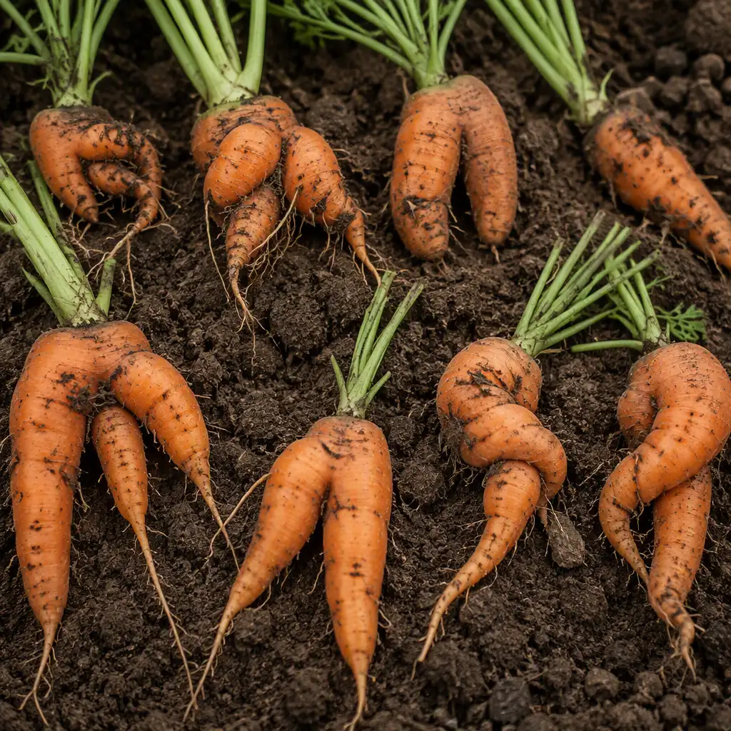 Severely forked and twisted carrots showing the damage from poor soil preparation and physical obstacles