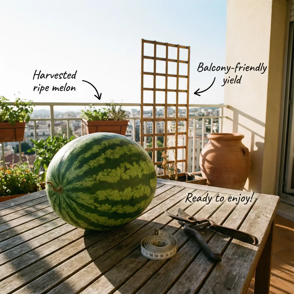 Ripe Sugar Baby watermelon resting on a wooden table after harvest, with trellis and pot visible in background.