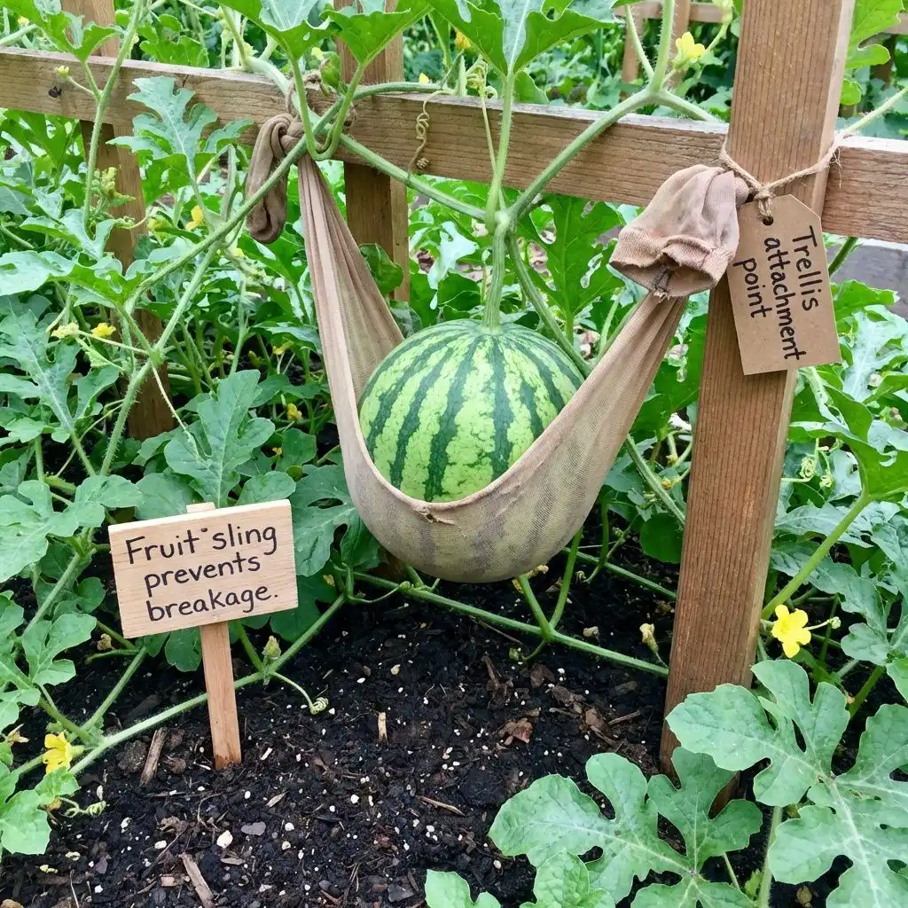 Small watermelon cradled in a pantyhose sling attached to a trellis to prevent vine breakage in container gardening.