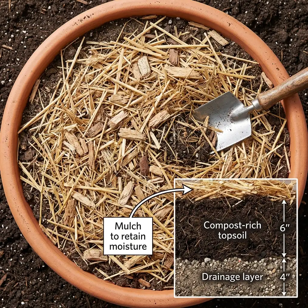 Top-down view of compost-rich soil with mulch layer and cutaway showing drainage structure in a 30-gallon pot.