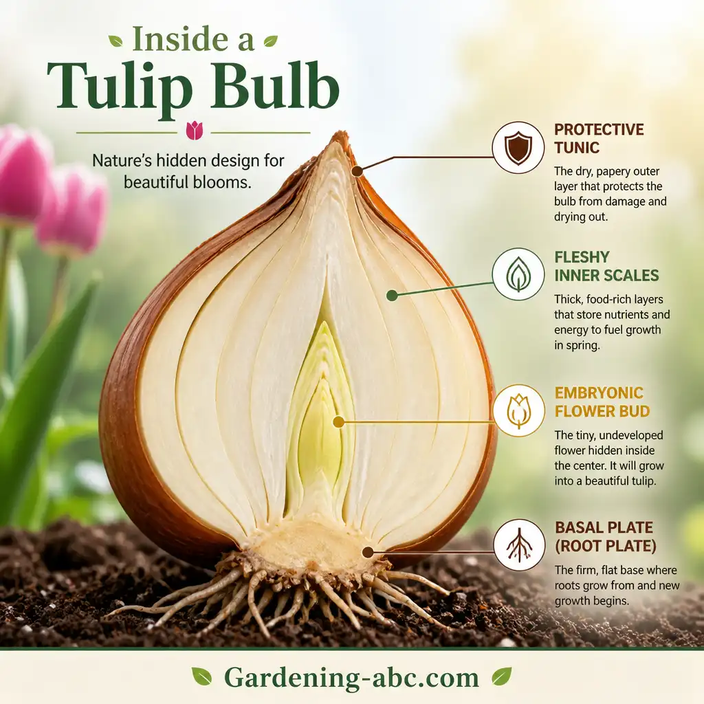A colorful graphic diagram showing a tulip bulb sliced cleanly in half, with clear pointer lines labeling the protective brown tunic, fleshy inner scales, root-growing basal plate, and the tiny embryonic flower bud hidden inside the center.