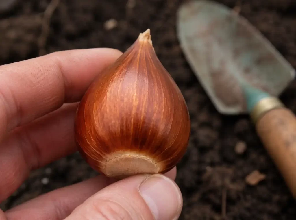 Close-up photograph of a large, healthy brown tulip bulb being held gently in a gardener's hands over loose soil.