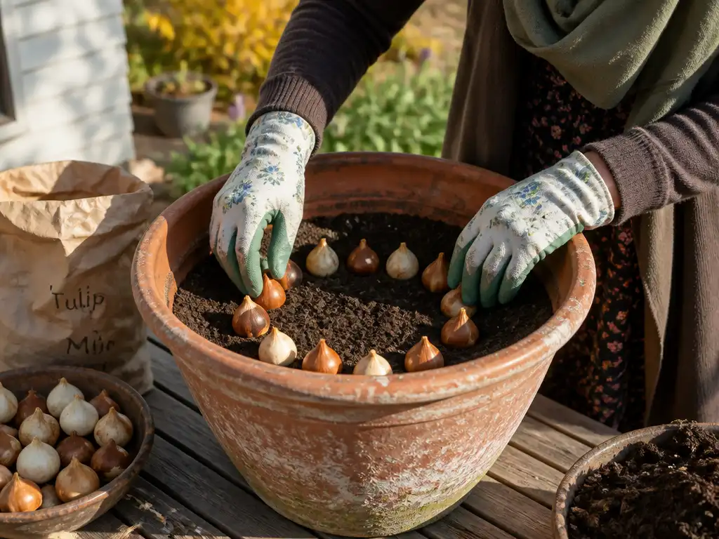 Hands arranging a second layer of tulip bulbs inside a deep ceramic patio pot filled partially with dark potting mix.