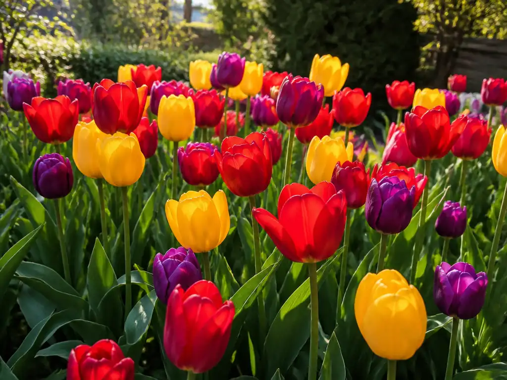 A thick, vibrant cluster of crimson red, golden yellow, and deep purple tulips blooming beautifully in a spring garden bed under warm morning sunlight.