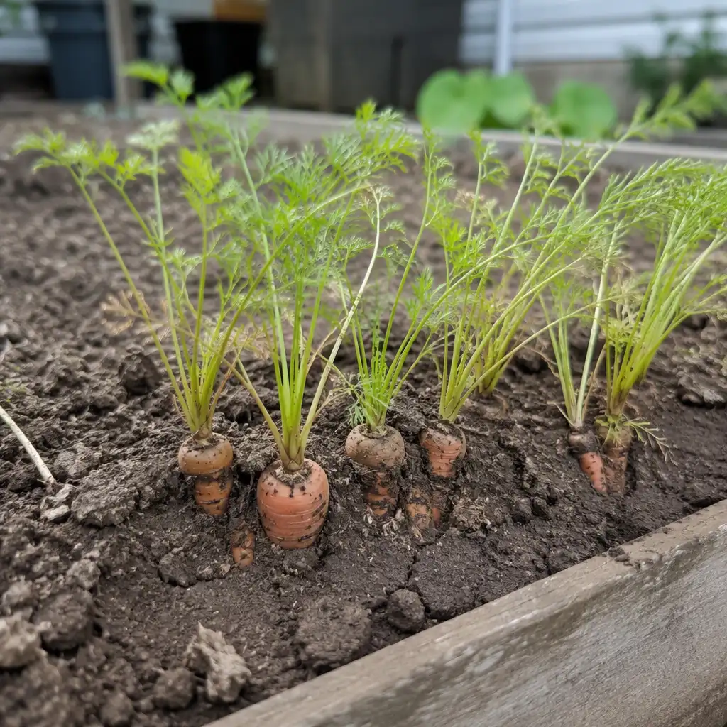 Stunted carrots growing in shallow, compacted soil showing poor growth conditions