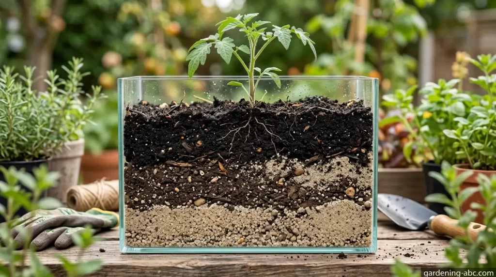 Realistic photo of a soil cross-section showing three distinct layers: coarse sand at the bottom, mixed topsoil and sand in the middle, and dark compost on top, in a clear container or trench