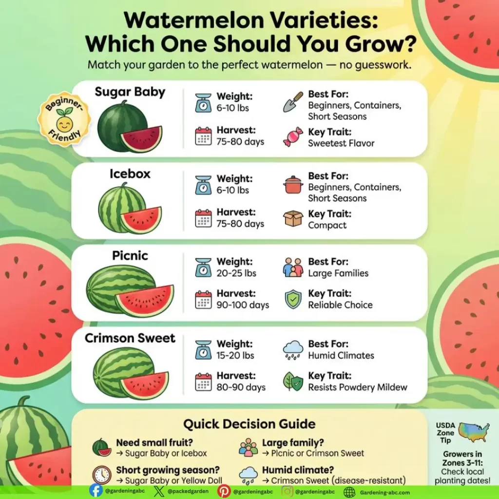 Watermelon varieties comparison chart showing Sugar Baby, Icebox, Picnic, and Crimson Sweet with size, days to harvest, and best uses