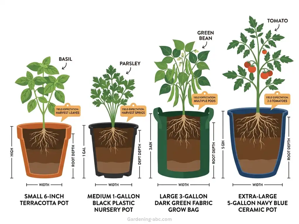 Container size comparison infographic showing 5-gallon, 3-gallon, 1-gallon, and 6-inch pots with recommended vegetables and root depth requirements for each size