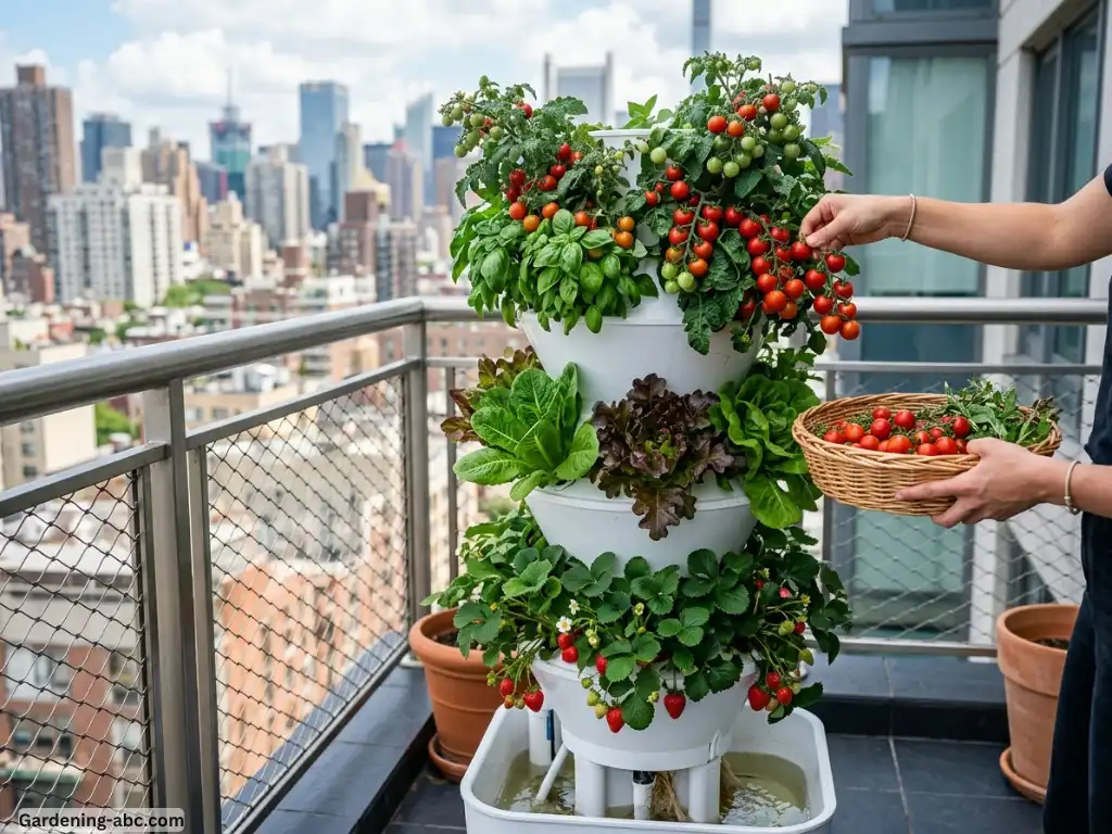 Vertical tower garden system with 20+ plants growing in a 2x2 foot footprint on a patio