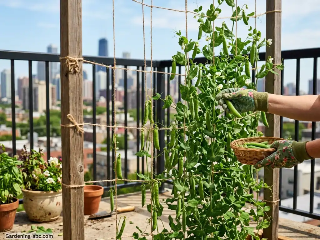 DIY string trellis with pea plants climbing vertical twine in a small garden space