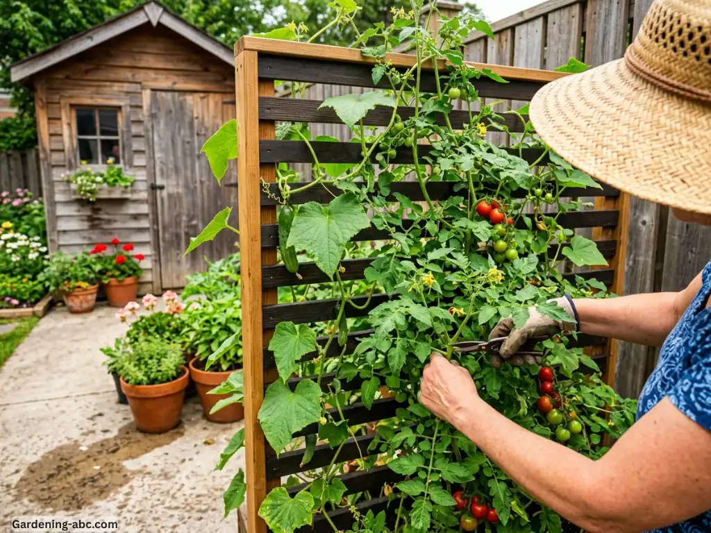 Wall-mounted wooden trellis with indeterminate tomatoes and cucumbers growing vertically against a fence