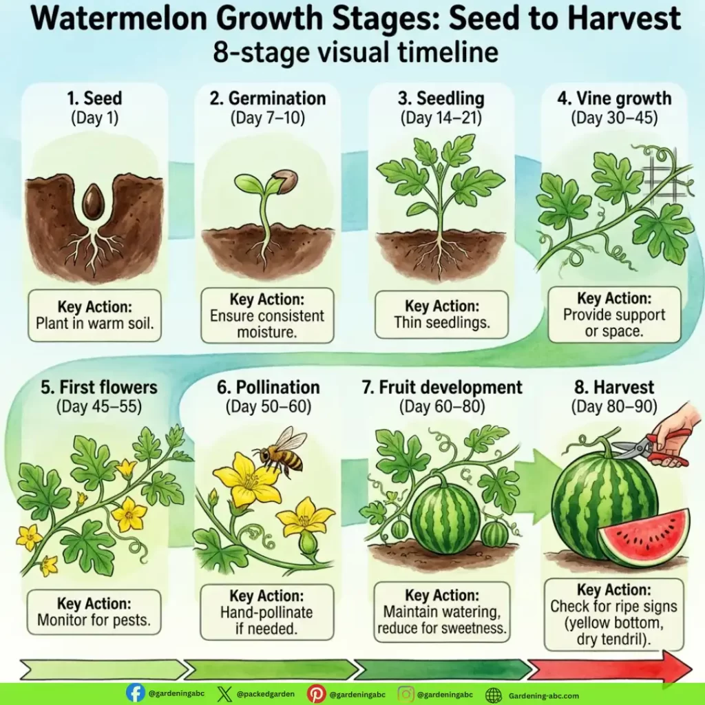 Watermelon growth timeline showing 8 stages from seed to harvest over 80-90 days with illustrations and key actions at each stage