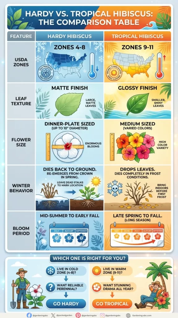 An infographic comparison table detailing the key differences between Hardy Hibiscus (true perennials for cold zones 4-8) and Tropical Hibiscus (perennials in warm zones 9-11 or annuals elsewhere). The infographic compares USDA zones (map and thermometer), matte vs. glossy leaf textures, dinner-plate sized vs. medium varied flowers, winter behavior (dies back to ground vs. dies completely in frost with overwrite/bring indoors instruction), and bloom periods (mid-summer to fall vs. long season late spring to fall).