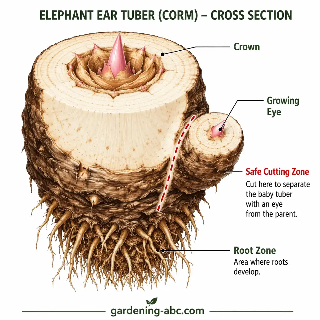 A cross-section diagram of a large elephant ear tuber (corm) showing the "Crown," "Eyes," and "Root Zone."