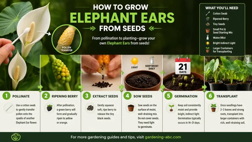 Infographic showing step-by-step guide to propagate elephant ears from seeds