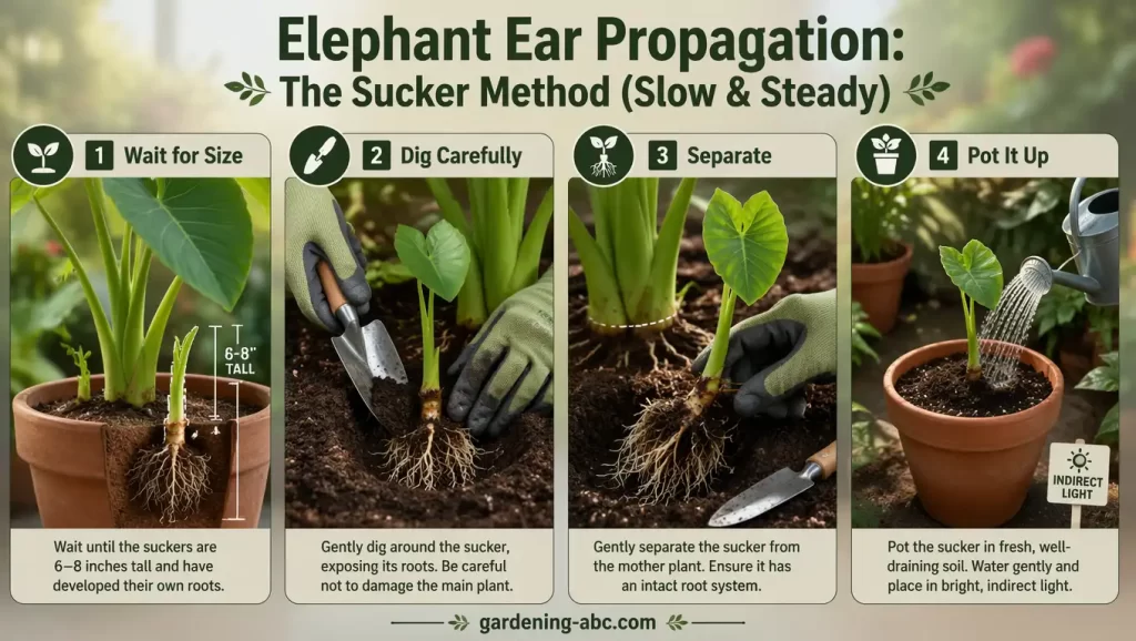 Infographic showing step-by-step guide to propagate elephant ears through suckers