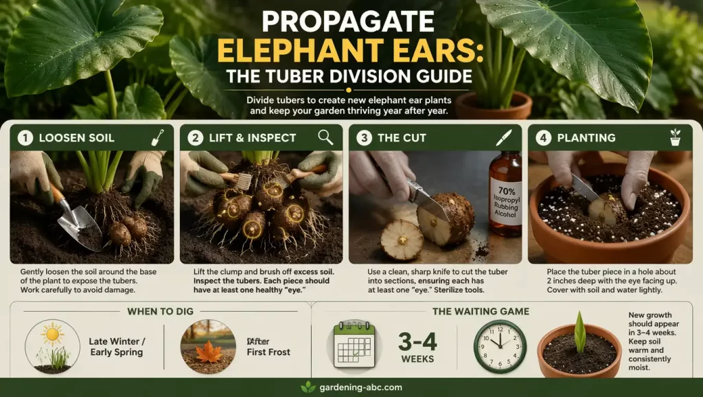 Infographic showing step-by-step guide to propagate elephant ears through tubers