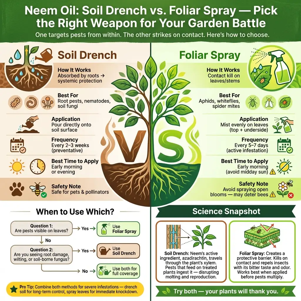 Comparison infographic showing when to use neem oil as a soil drench (for root pests and systemic protection) versus foliar spray (for leaf insects and contact kill), with icons, application tips, and frequency guidance for gardeners.