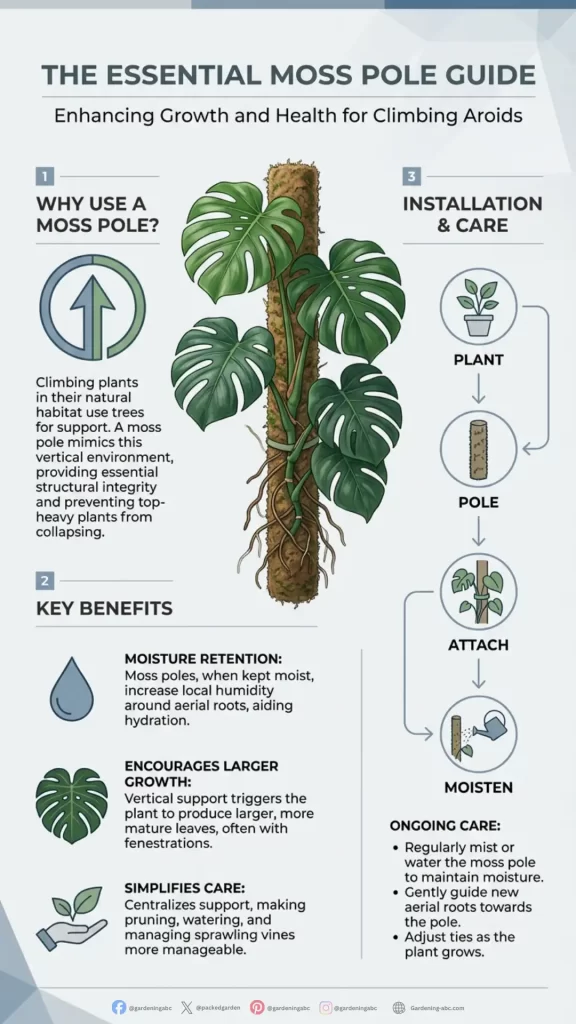 Monstera deliciosa plant climbing a moss pole showing aerial roots attaching to the damp moss for support.