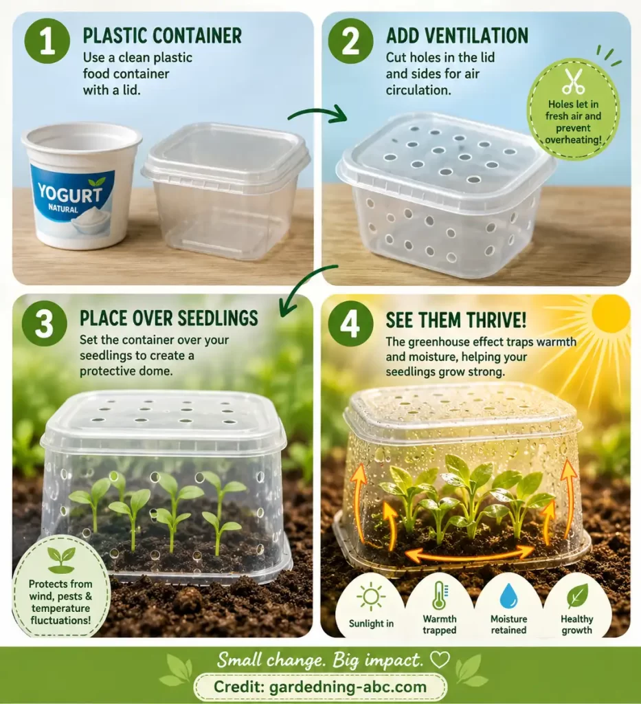 "DIY Mini Greenhouse for $0," showing doodles of yogurt pots and takeaway containers protecting young seedlings.