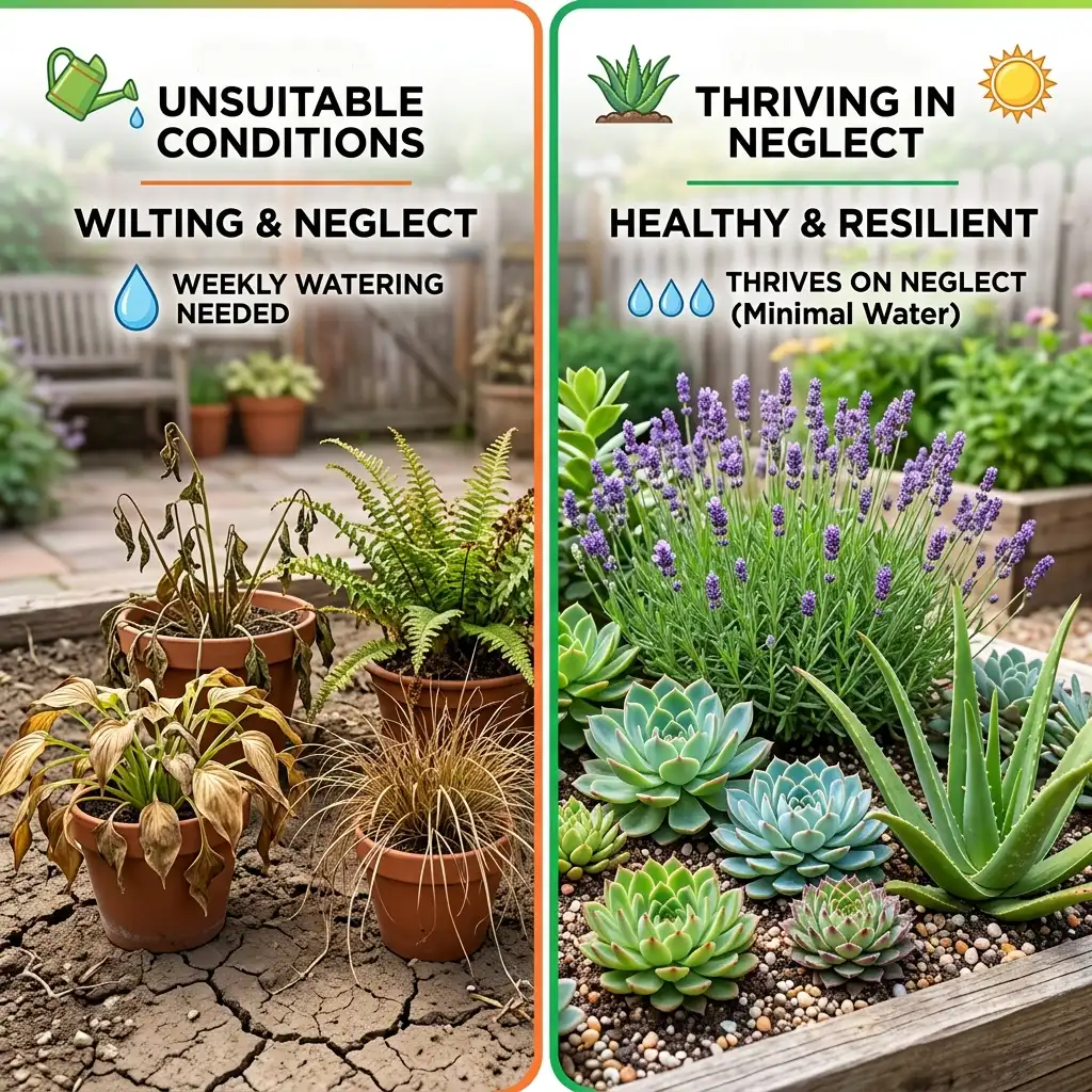 sketches of wilted plants vs. thriving draught tolerant succulents.
