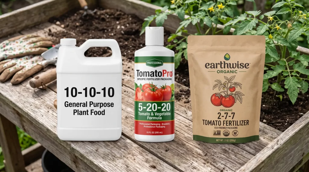Three fertilizer bottles arranged showing different NPK ratios: 10-10-10 (general purpose), 5-20-20 (tomato flowering), and 2-7-7 (organic tomato).